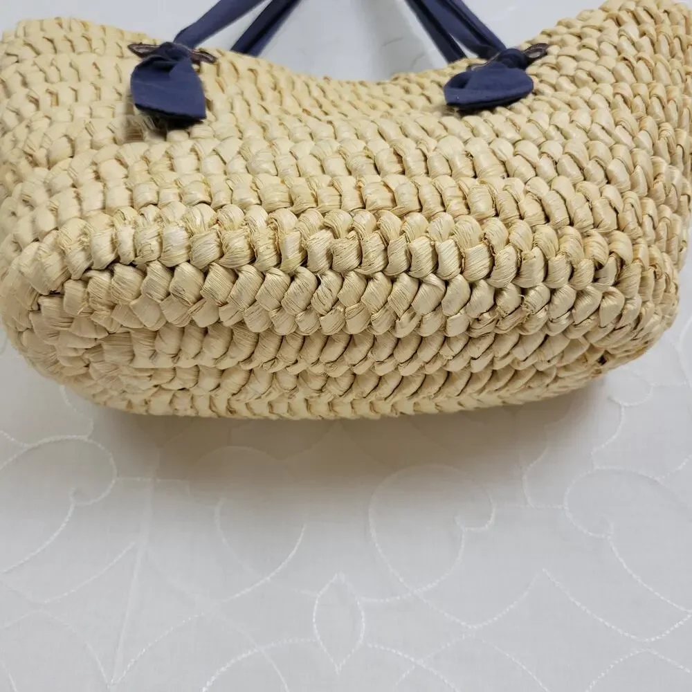 World Market Womens Tote Bag Navy Fabric Straps Natural Beige Rattan Beach